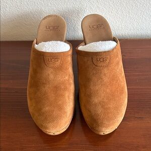 UGG Australia suede chestnut wooden stacked heel mule slip-on clogs